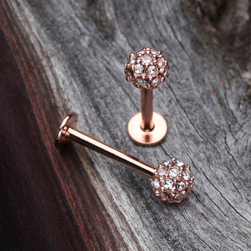 Detail View 1 of Rose Gold Pave Sparkle Full Dome Top Steel Labret-Clear Gem
